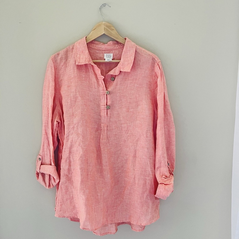 Sigrid Olsen Linen Tunic Women's L Collared Popover Top Button Roll Tab Peach